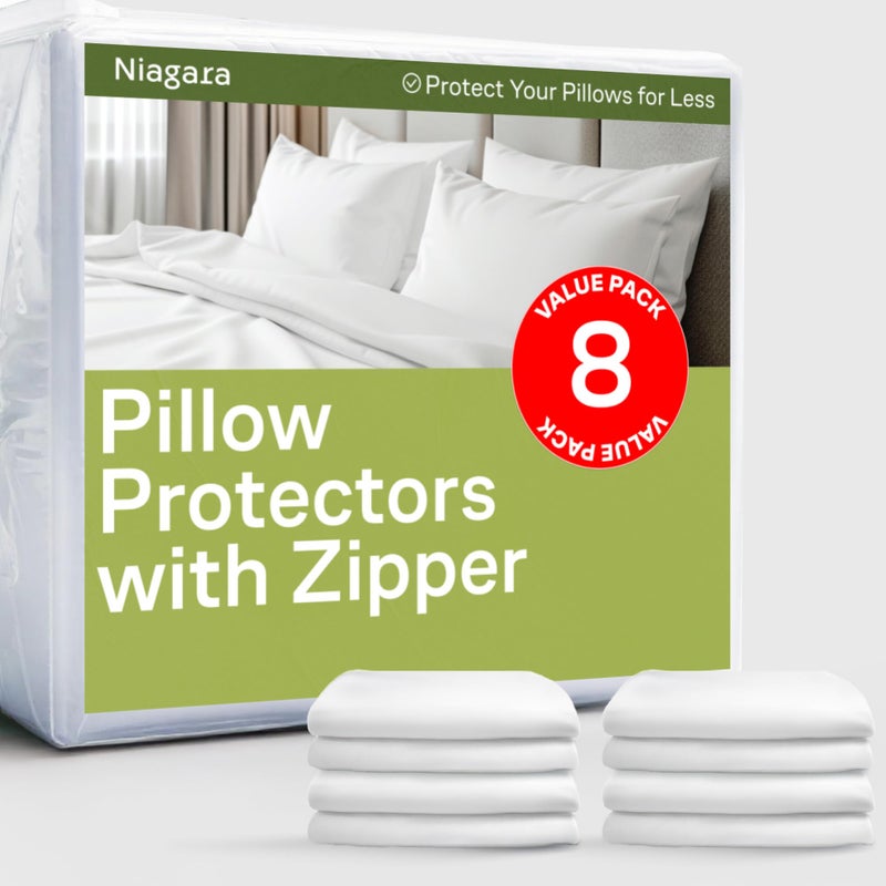 Niagara Sleep Solution Ultra Soft Pillow Protectors with Zipper Standard Size - Set of 8 Breathable Pillow Covers - 100% Protection Against Stains, Dust & Dirt - Machine Washable (White) - Image 1